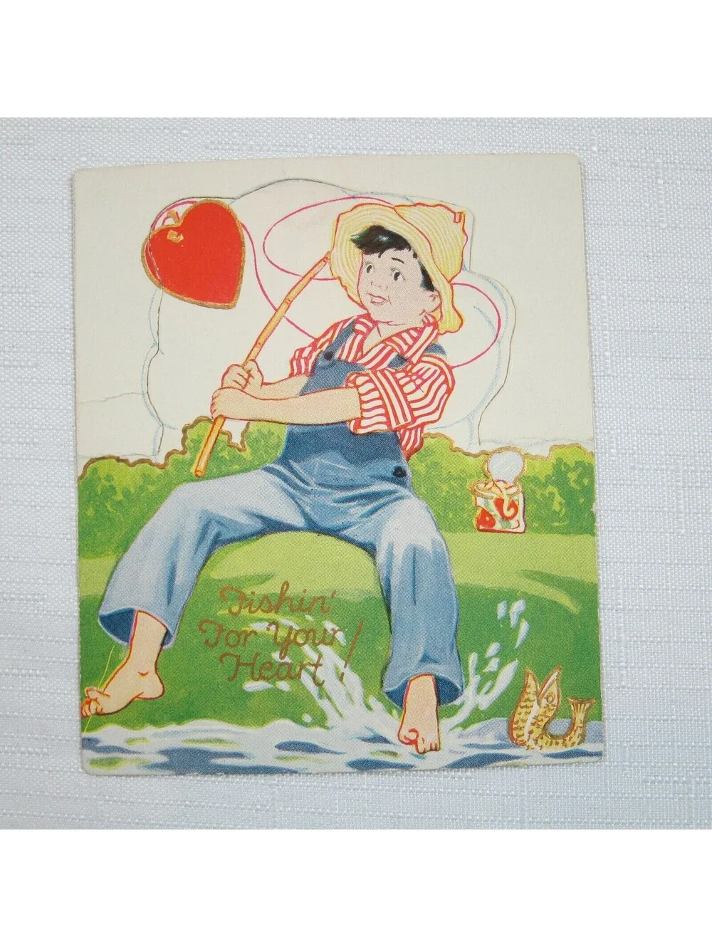 Vintage Valentine 1929 Stand Up Boy Fishing For Heart American Colortype Co USA